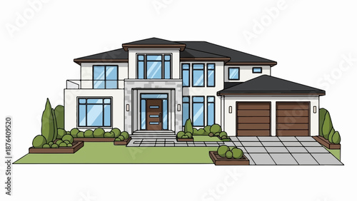 A modern two-story house with a dark roof, white walls, and large windows, featuring a manicured lawn and shrubs