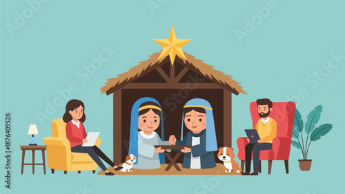 A modern take on the nativity scene with families gathered