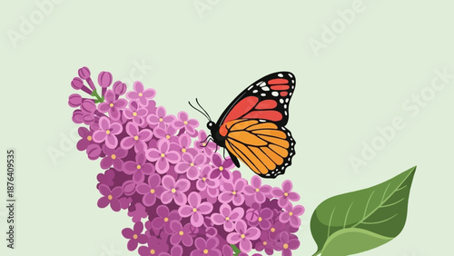 A monarch butterfly rests on a cluster of purple lilacs with a green leaf