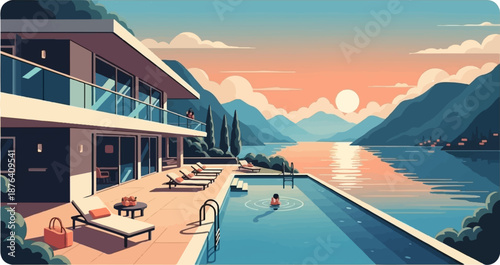 A modern villa with a pool overlooks a serene lake and mountains at sunset