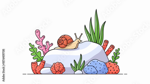 A cute snail traverses a rock surrounded by colorful sea flora