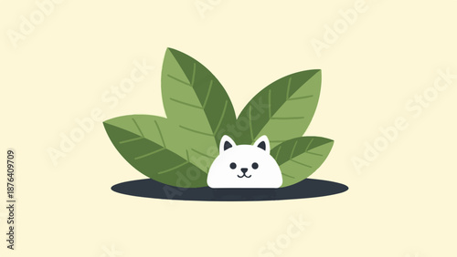 A cute, stylized white cat peeks out from behind large green leaves on a pale yellow background
