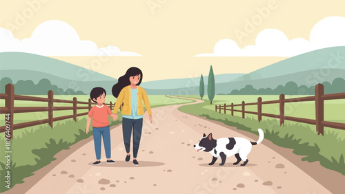 Wallpaper Mural A mother and child walk a dog on a dirt road in a rural landscape with hills Torontodigital.ca