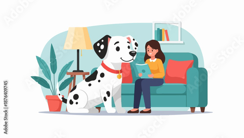 A dalmatian dog sits beside a woman reading a book on a sofa in a cozy room