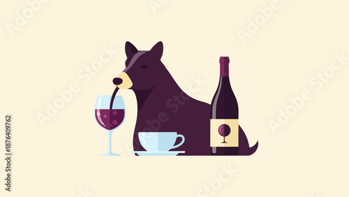 A dark-colored canine-like creature drinks wine from a glass next to a bottle