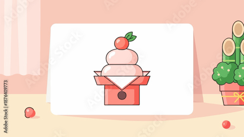 A festive, minimalist depiction of a Japanese New Year mochi stack with decorative bamboo