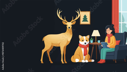 A deer and a dog are with a woman inside a cozy room