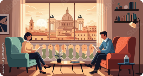 A couple sits in cozy chairs reading, overlooking a historic European cityscape at sunset