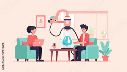 A man and woman interact in a room with a futuristic device and plants