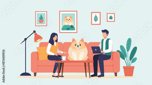 A couple sits on a couch with a dog and laptop in a cozy living room