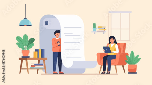 A man and woman interact with a giant scroll and laptop in a cozy, plant-filled room