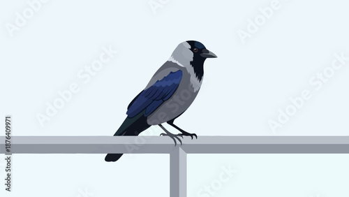 A detailed pixel art illustration of a hooded crow perched on a railing