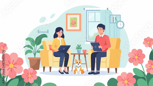 A couple sits on chairs with their pets, working on laptops in a cozy room