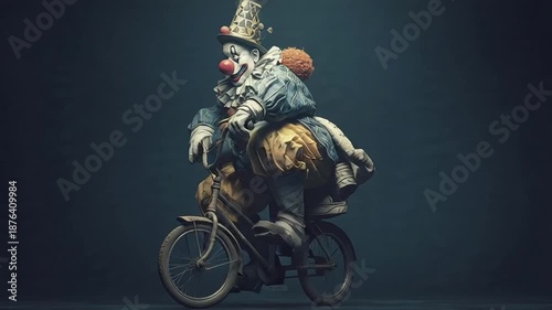 Clown Riding a Vintage Bicycle Through Darkness, a Whimsical and Slightly Creepy Performance
