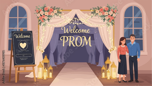 A couple stands near a welcome sign at a decorated prom entrance with floral arches and lights