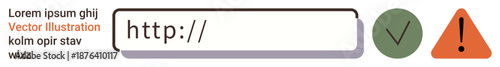 Web security, form validation, website design, user interface, error detection, approval icons. URL input box with a green checkmark and orange warning icon. Web security and form validation concept