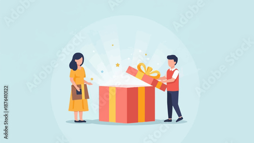 A couple unboxes a glowing gift, with stars and light radiating outward