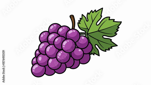 A bunch of vibrant purple grapes with a green leaf and stem