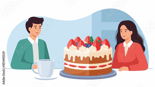 A man and woman smile while looking at a beautifully decorated cake, a cup sits nearby
