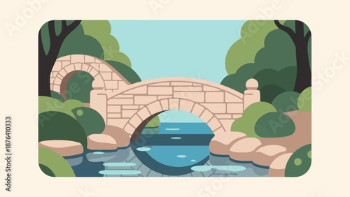 A charming stone bridge arches over a gentle stream, surrounded by lush green foliage and a clear blue sky