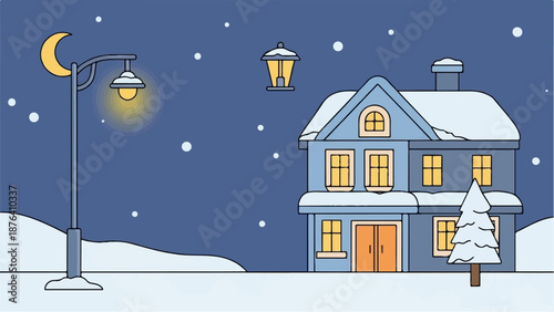 A charming snow-covered house glows warmly under a crescent moon and falling snow