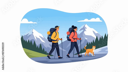 A man and woman with backpacks and a dog hike through a mountain landscape