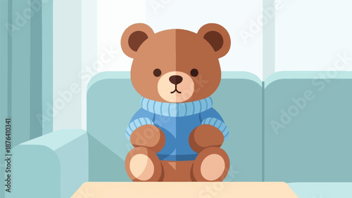 A brown teddy bear wearing a blue sweater sits on a light beige surface in front of a blue sofa