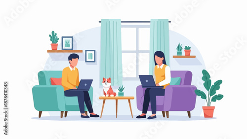A man and woman work on laptops in a living room with a dog