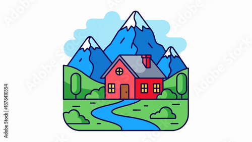 A charming red house nestled amidst serene mountains, lush green hills, and a winding blue river