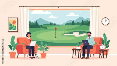 A man and woman work on laptops in chairs, overlooking a golf course