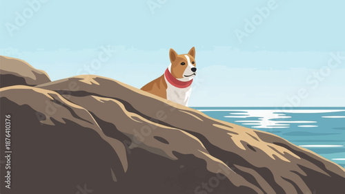 A brown and white dog with a red collar sits near rocky terrain by the ocean