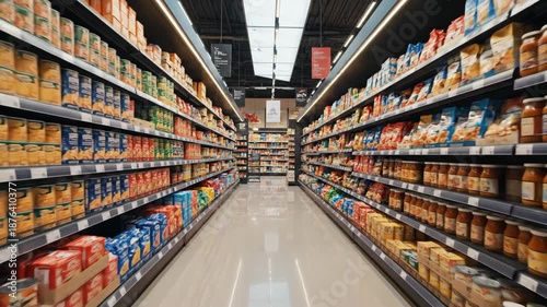 Aisle of Grocery Store With Shelves Full Of Products And Food Items Under Bright Lighting