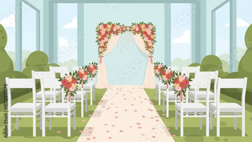 A charming, pixelated wedding aisle, adorned with floral arch and chairs, awaits guests outdoors