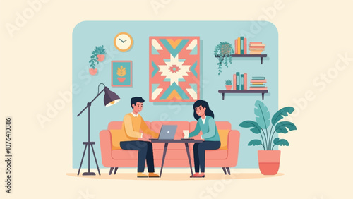 A man and woman work on laptops on a couch in a cozy room with art, books, and plants