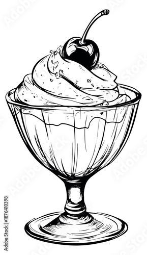 Hand drawn line art illustration of an ice cream sundae depicting a creamy topping and a cherry for a dessert menu