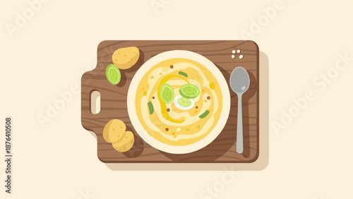 A bowl of creamy potato leek soup with garnishes and ingredients on a wooden board
