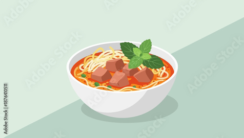 A bowl of hearty soup with noodles, meat cubes, peas, and fresh mint leaves