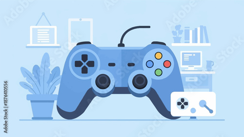 A blue video game controller is displayed in the foreground with gaming accessories and home decor in the background