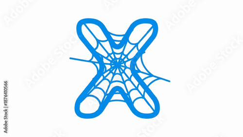 A blue spider web forms an abstract shape, reminiscent of an X or a stylized butterfly