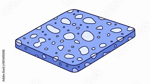 A blue isometric sponge with an irregular pattern of white holes and dark outlines