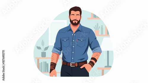 A bearded man in a blue shirt and dark pants stands with his hand in his pocket
