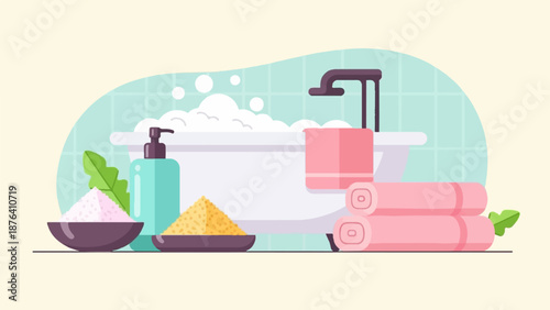 A bathroom scene with a bubbly tub, toiletries, and rolled towels