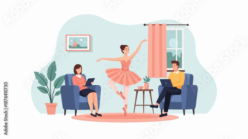 A ballerina performs gracefully while two observers sit attentively on chairs, one with a laptop