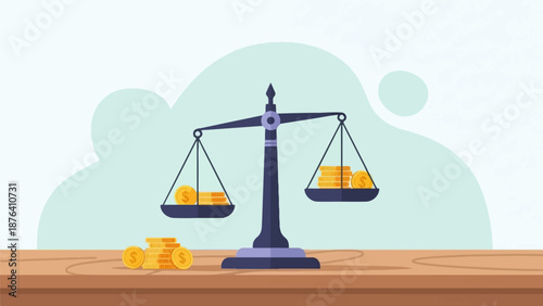 A balance scale holds stacks of coins, some placed on the table below