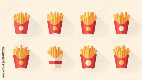 A flat design pattern of golden french fries in red paper containers with circular accents and long shadows
