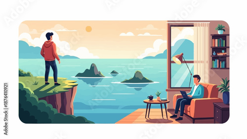 A man gazes at the ocean from a cliff, while another works on a laptop indoors