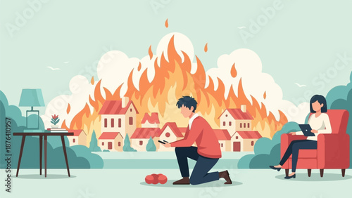 A man kneels with a phone as houses burn, while a woman relaxes in a chair with a tablet