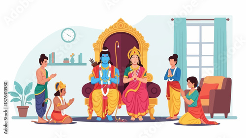 A devotional scene with figures in traditional attire, a regal throne, and indoor furnishings