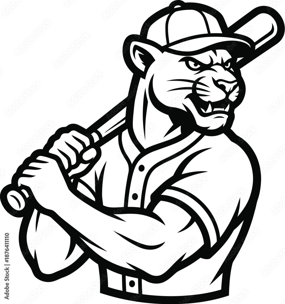 Fototapeta premium Aggressive Panther Baseball Player Mascot Holding Bat, Vector Art