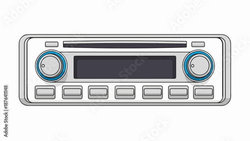 A digital car stereo unit with two knobs, a dark screen, and multiple buttons